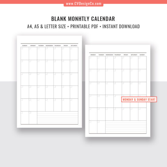 Blank Monthly Calendar Printable, Monthly Planner, Planner Inserts ...