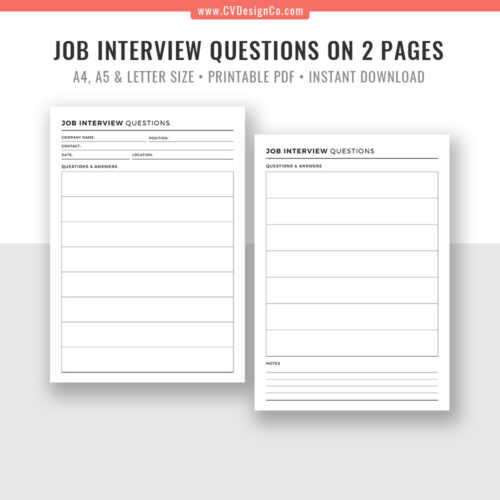 Job Interview Questions, Interview Checklist, Printable Planner Inserts