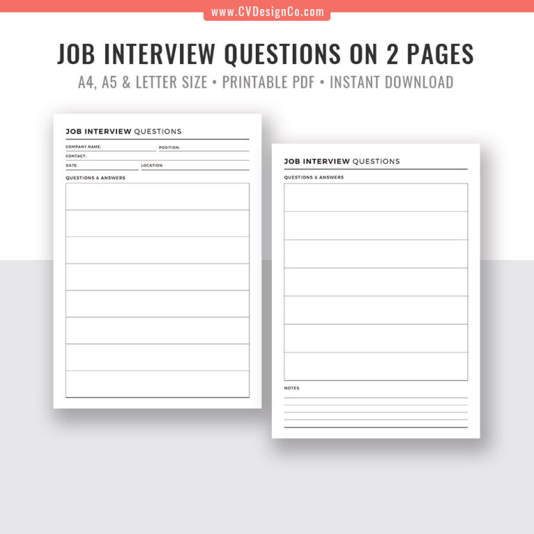 Job Interview Questions, Interview Checklist, Printable Planner Inserts for Interview Questions