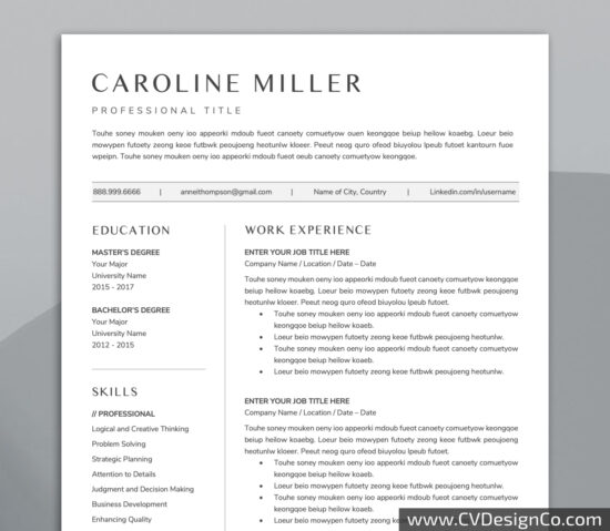 Professional and Simple Resume Templates for MS Word Instant Download