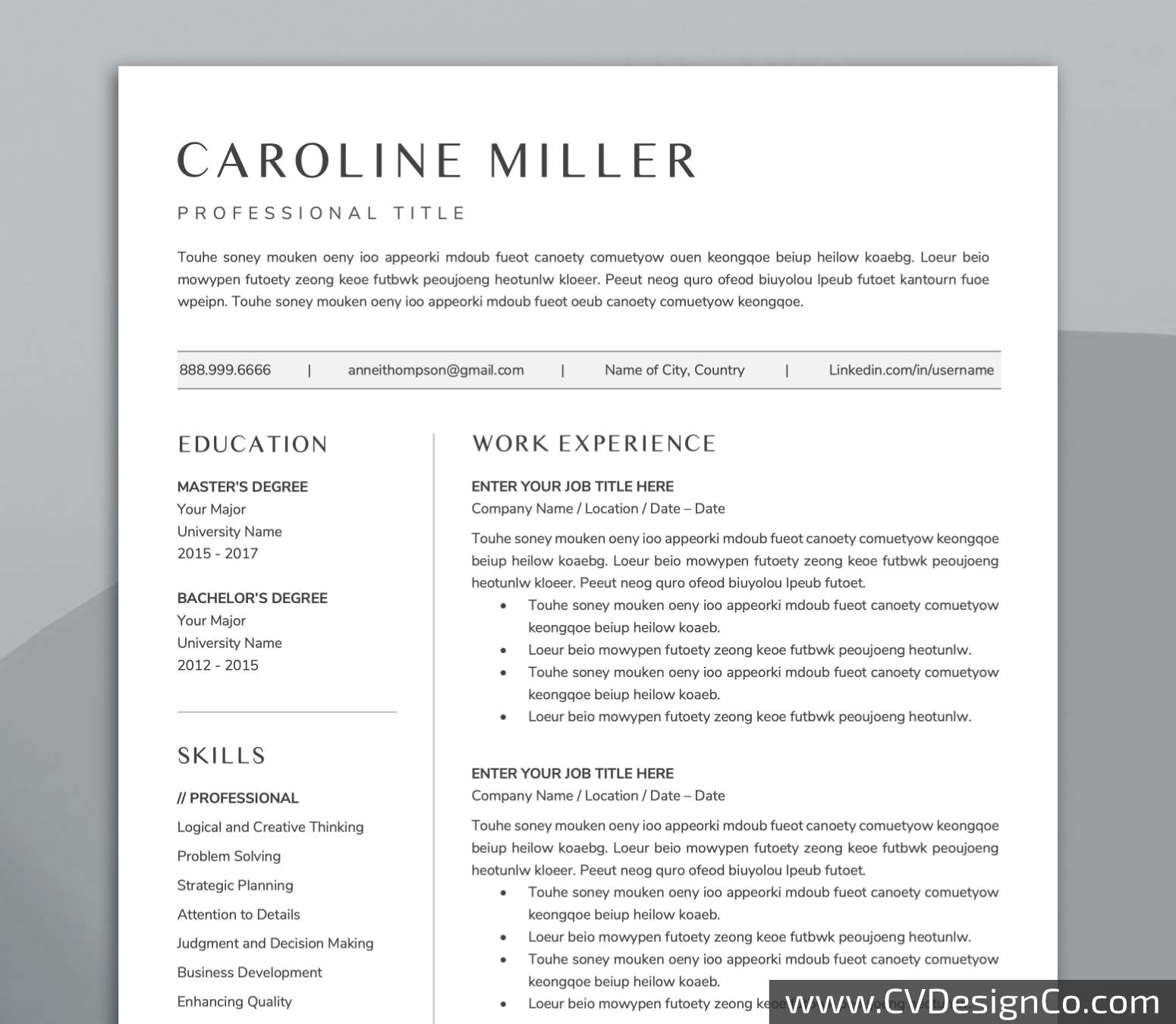 Professional and Simple Resume Templates for MS Word Instant Download