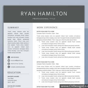 Professional and Simple Resume Templates for MS Word Instant Download
