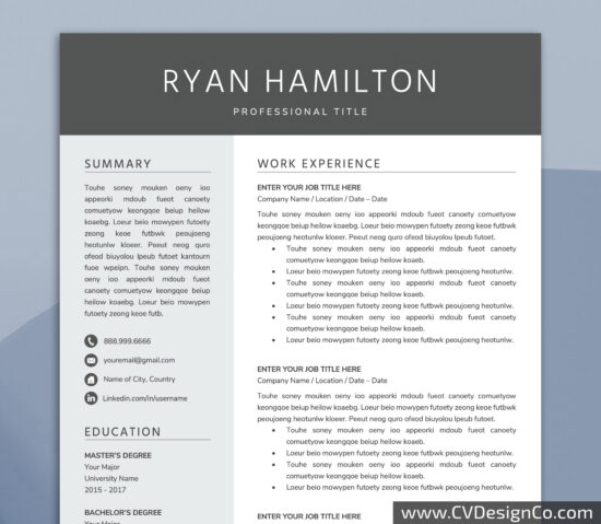Professional and Simple Resume Templates for MS Word Instant Download